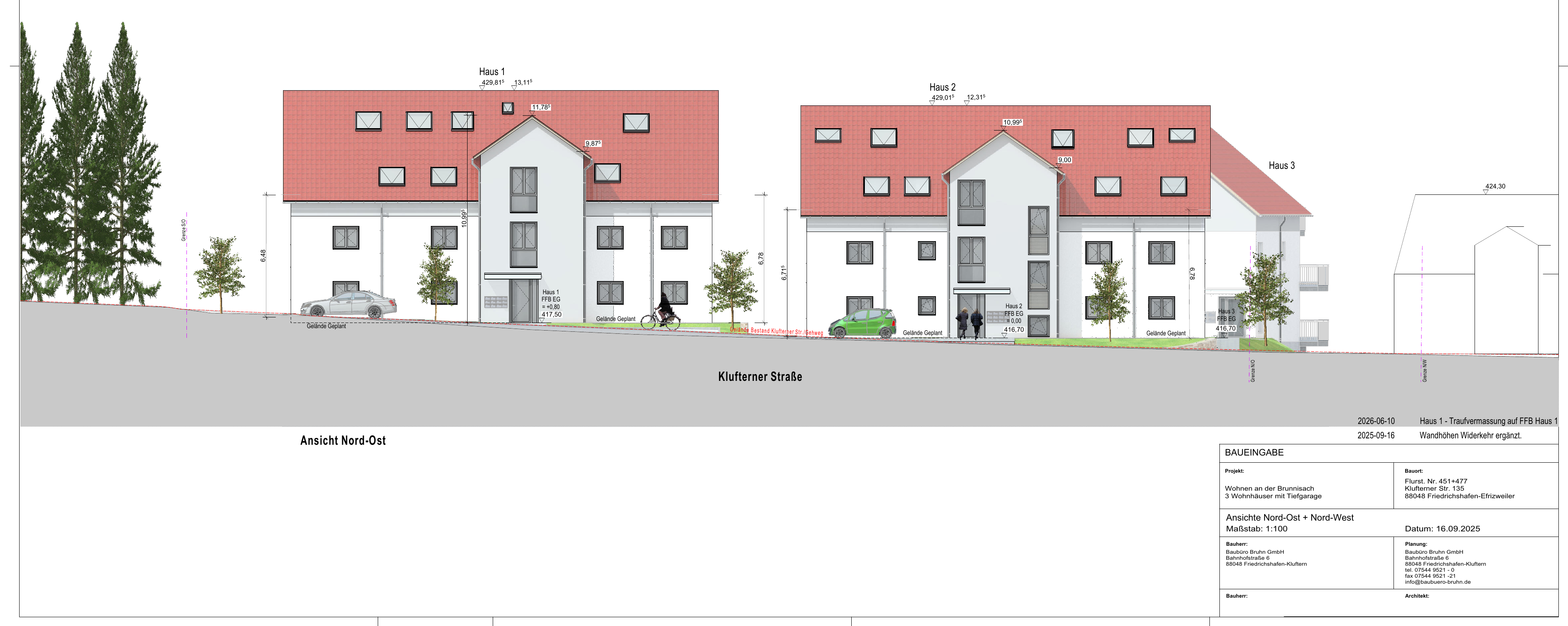 Ansicht Nord-Ost der drei Häuser zur Kluftener Straße, Wohnen an der Brunnisach (Visualisierung)
