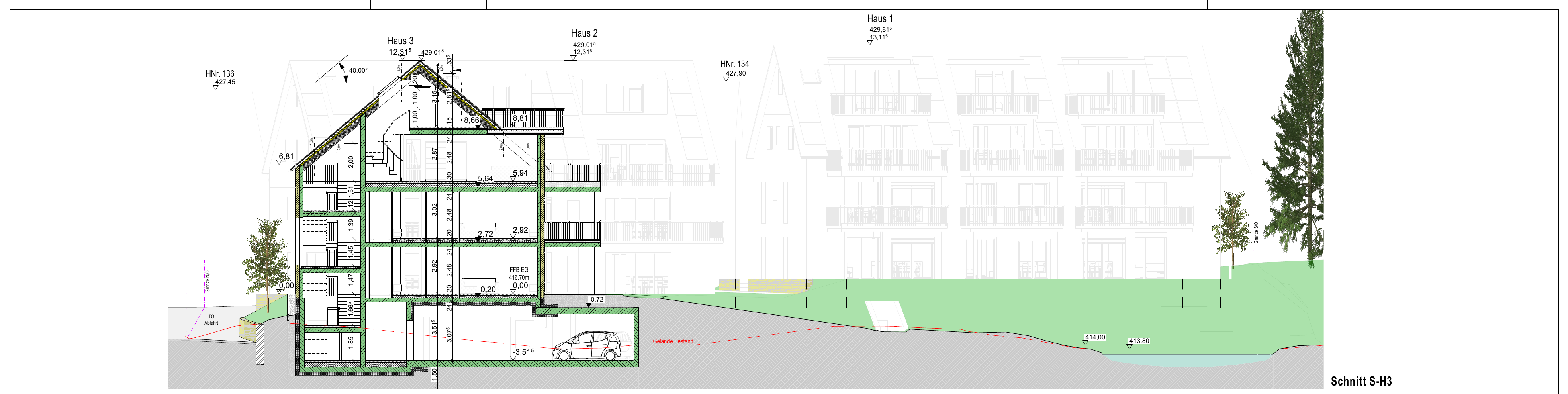 Schnitt durch Haus 3, Wohnen an der Brunnisach (Visualisierung)